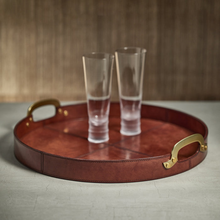 Zodax Harlow Leather with Brass Handles Round Tray, 24", Almond Brown