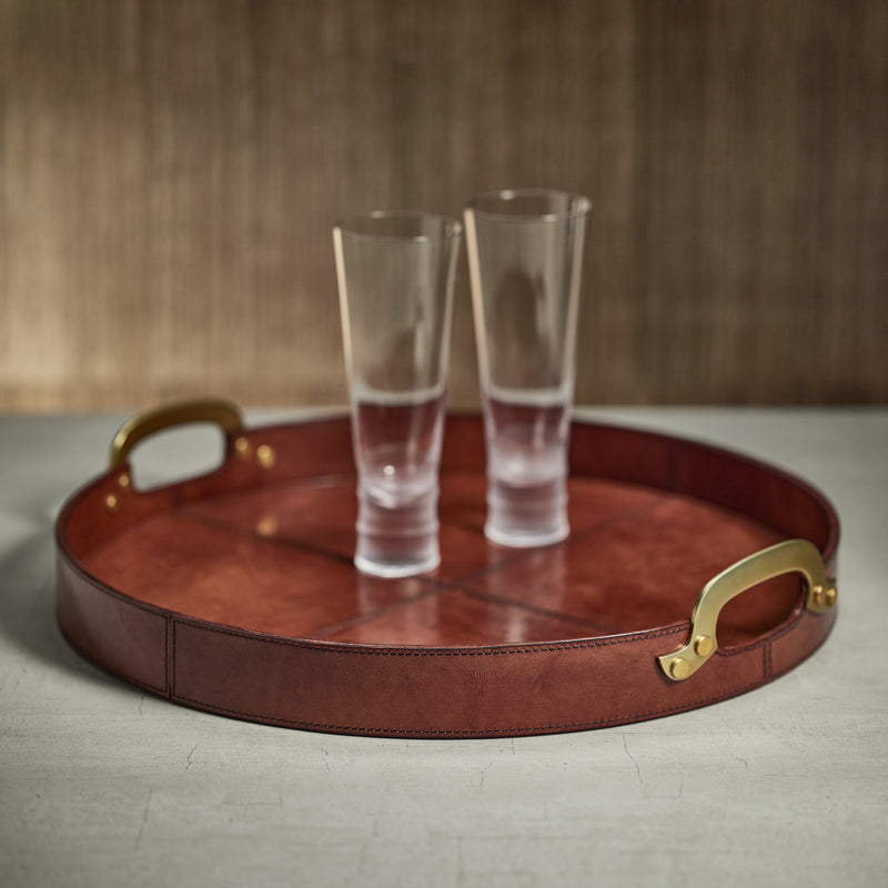 Zodax Harlow Leather with Brass Handles Round Tray, 24", Almond Brown