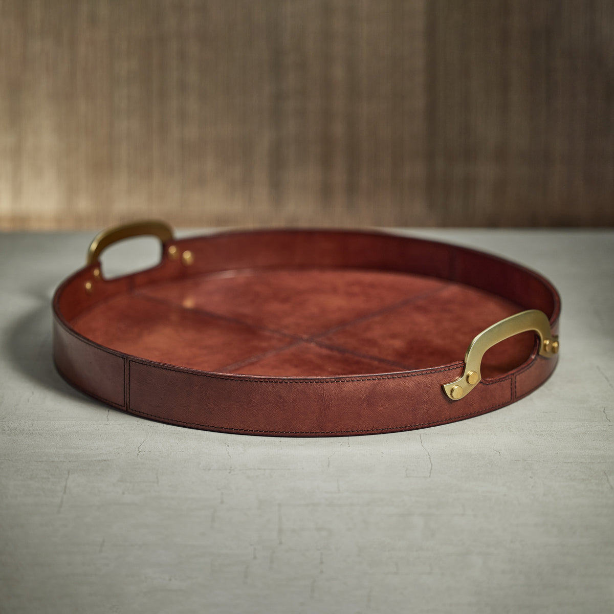 Zodax Harlow Leather with Brass Handles Round Tray, 24", Almond Brown
