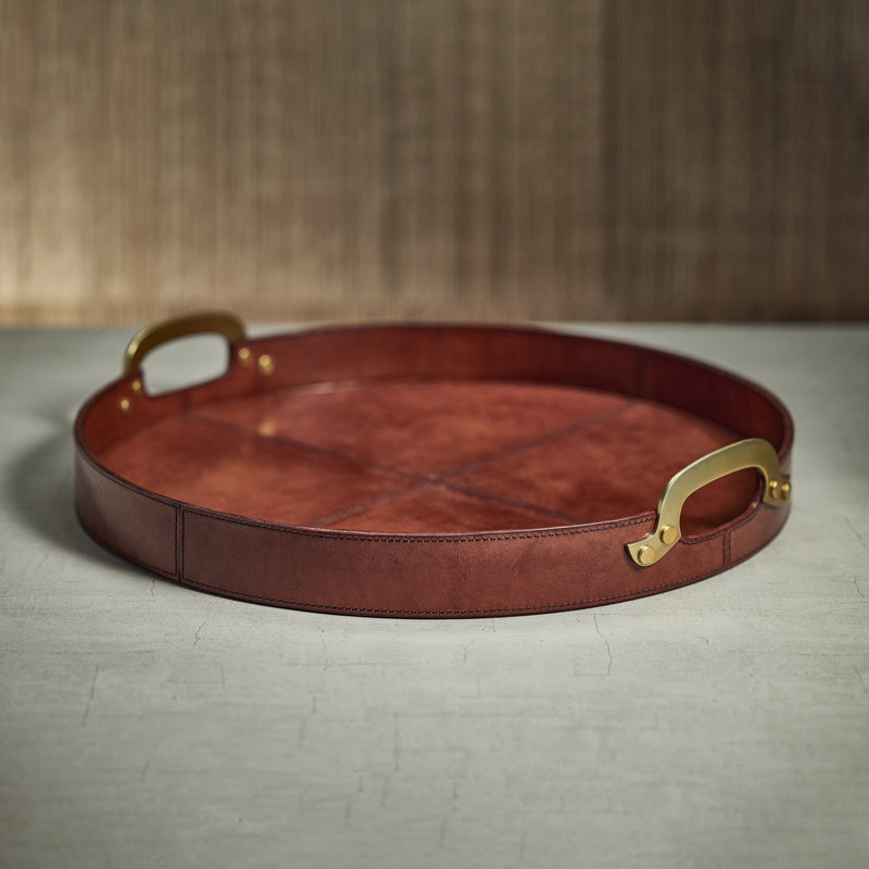 Zodax Harlow Leather with Brass Handles Round Tray, 24", Almond Brown