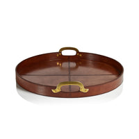 Zodax Harlow Leather with Brass Handles Round Tray, 24", Almond Brown