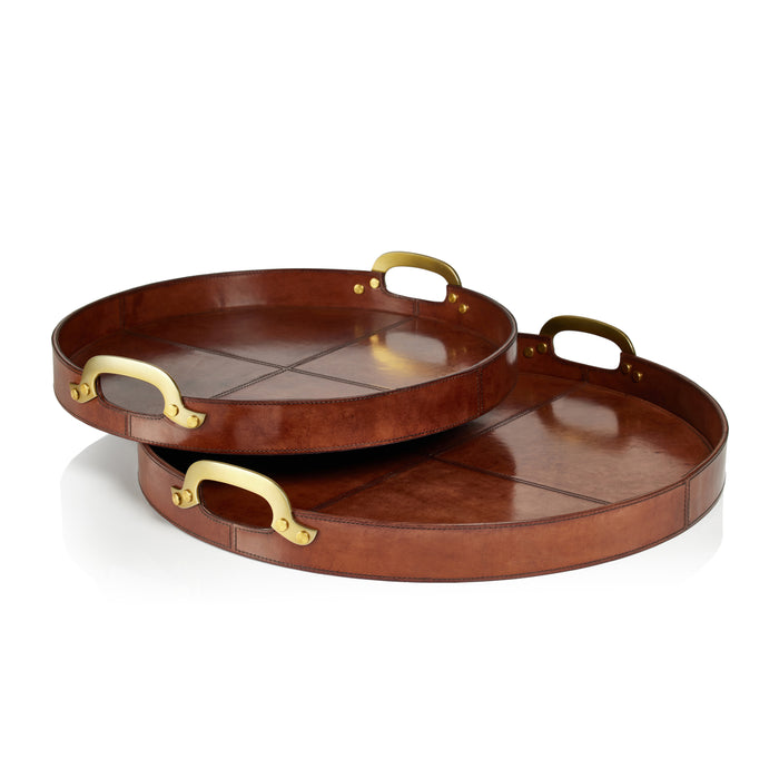 Zodax Harlow Leather with Brass Handles Round Tray, 24", Almond Brown