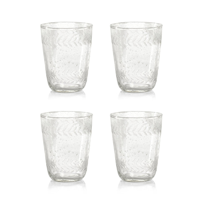 A set of four clear glass double old fashioned glasses with an etched leaf pattern.