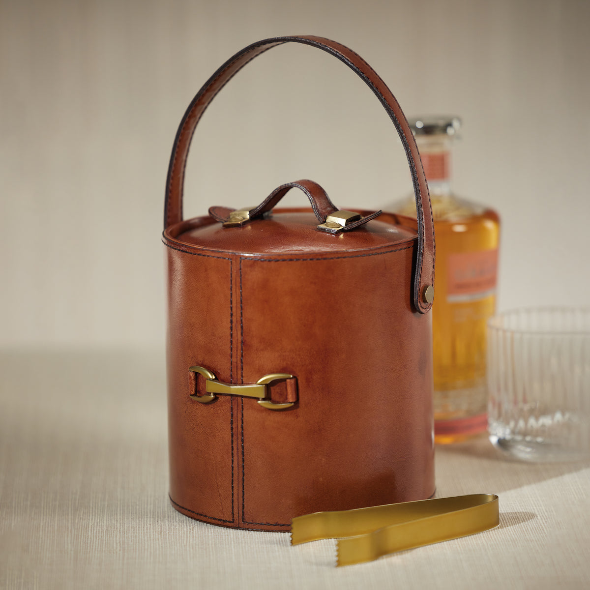Zodax Chadwell Leather Ice Bucket with Gold Metal Ice Tong