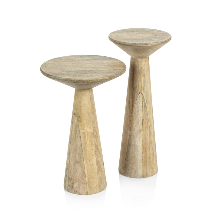 Two wooden side tables with a white background