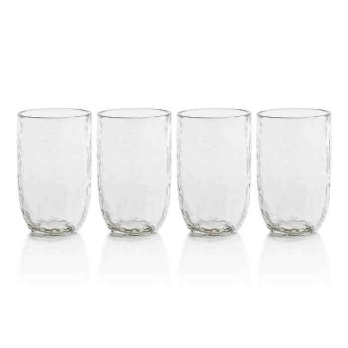 A set of four clear hammered highball glasses displayed side by side against a white background.