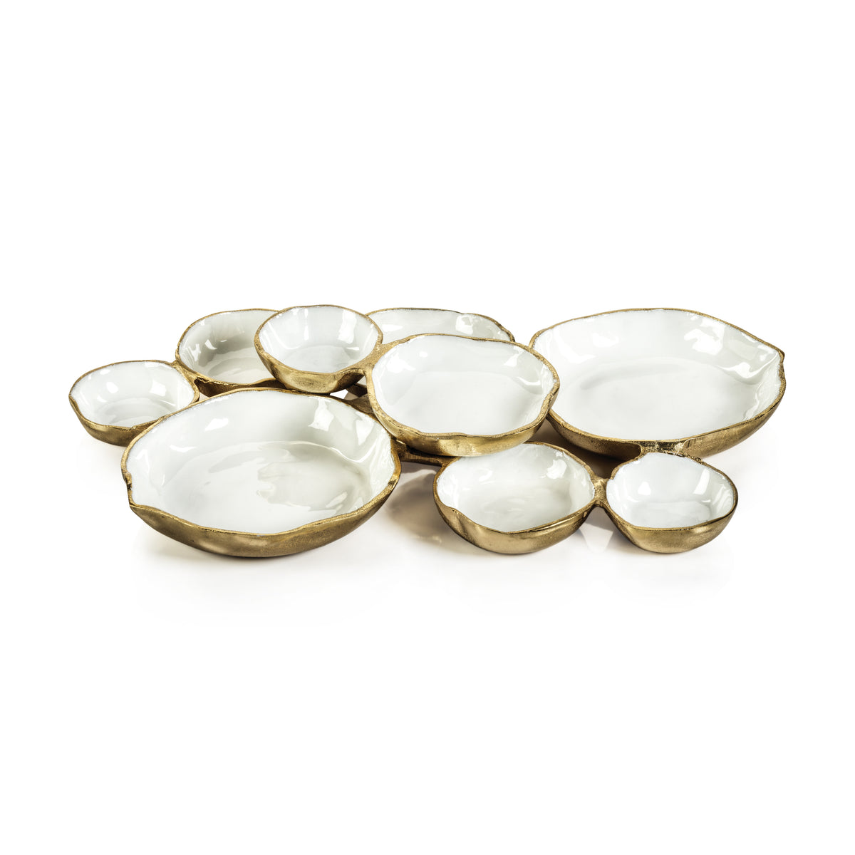 Zodax Cluster of Nine Round Serving Bowls with White Enamel Interior, Gold