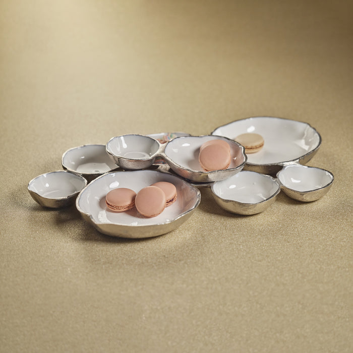 Zodax Cluster of Nine Round Serving Bowls with White Enamel Interior, Silver