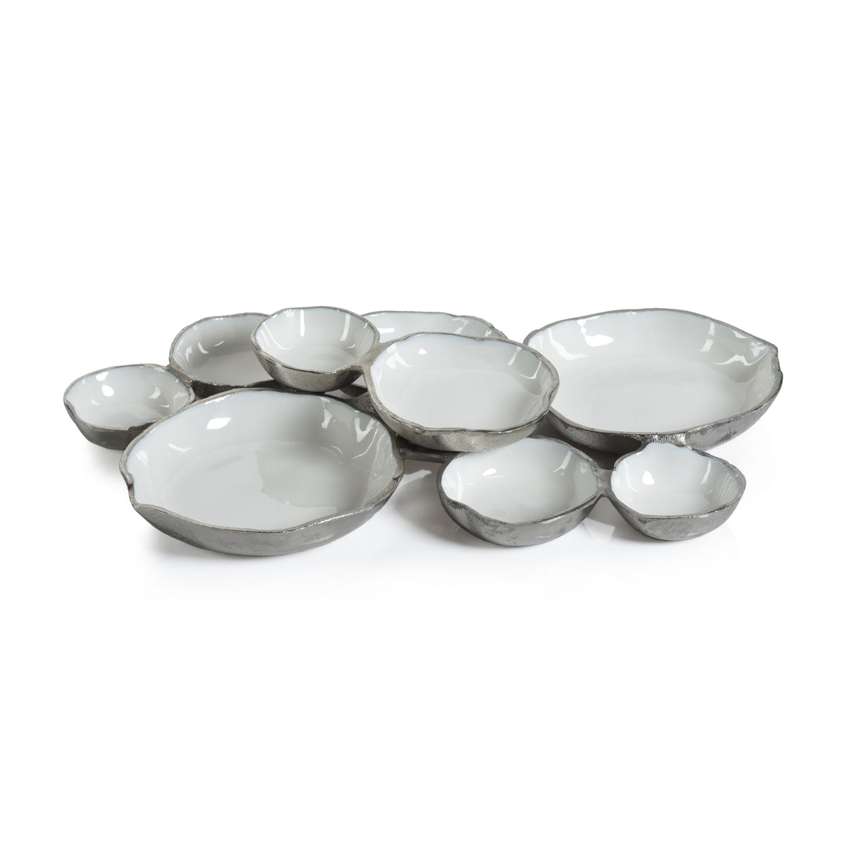 Zodax Cluster of Nine Round Serving Bowls with White Enamel Interior, Silver