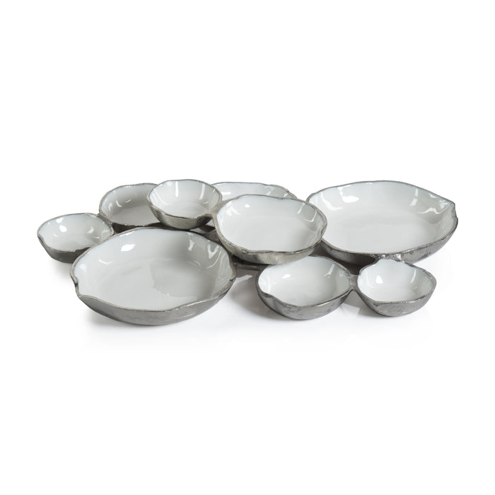 Zodax Cluster of Nine Round Serving Bowls with White Enamel Interior, Silver