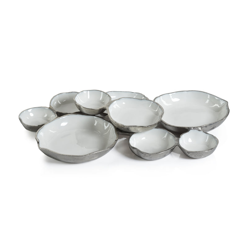 Zodax Cluster of Nine Round Serving Bowls with White Enamel Interior, Silver