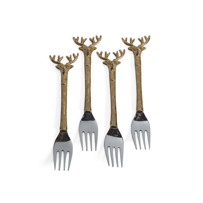 Four forks with bronze stag head handles, long textured stems, silver-toned tines, arranged on white background.