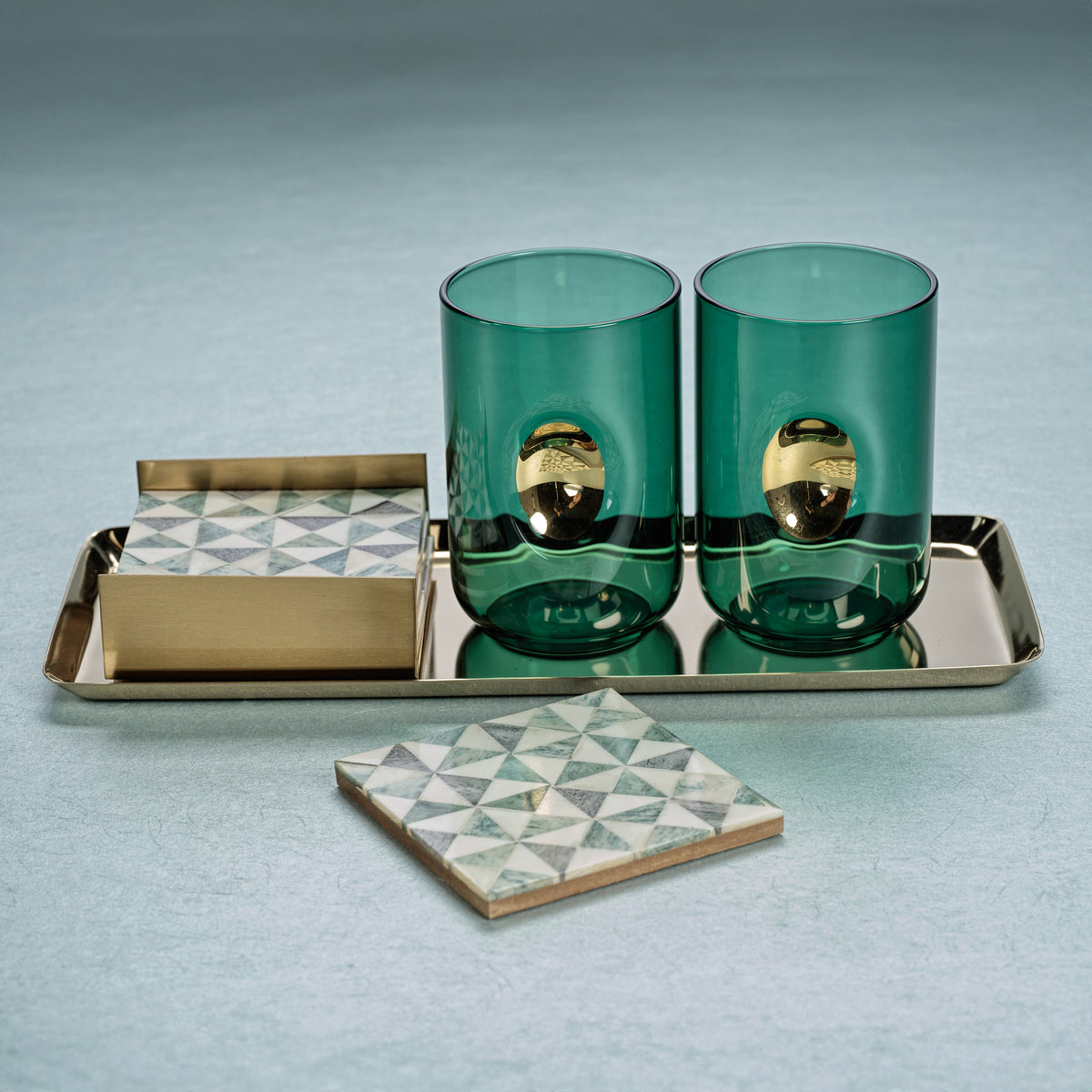 Zodax Manado 4-Piece Bone Coaster Set with Brass Tray