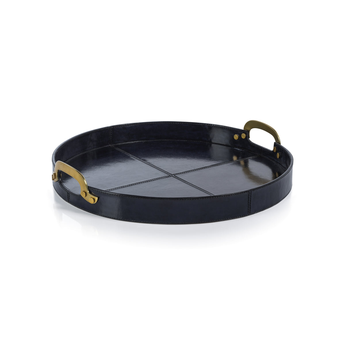 Zodax Harlow Leather with Brass Handles Round Tray, 20", Dark Blue