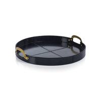 Zodax Harlow Leather with Brass Handles Round Tray, 20", Dark Blue