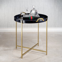 Zodax Harlow Leather with Brass Handles Round Tray on Stand, Blue