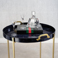 Zodax Harlow Leather with Brass Handles Round Tray on Stand, Blue