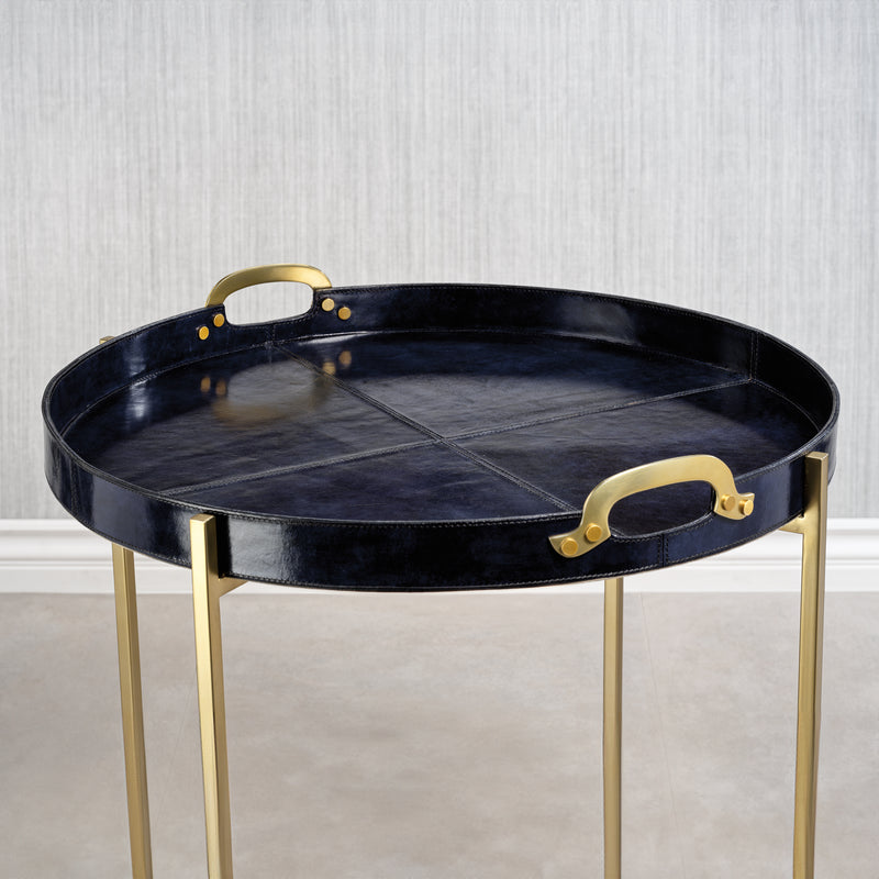 Zodax Harlow Leather with Brass Handles Round Tray on Stand, Blue