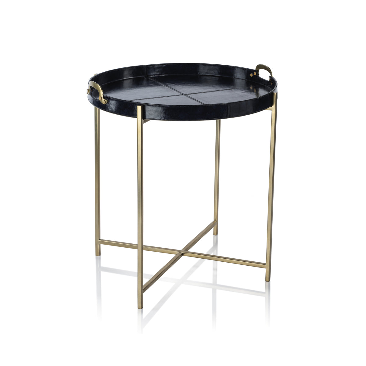 Zodax Harlow Leather with Brass Handles Round Tray on Stand, Blue