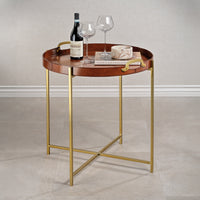 Zodax Harlow Leather with Brass Handles Round Tray on Stand, Tan