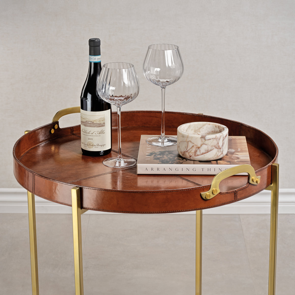 Zodax Harlow Leather with Brass Handles Round Tray on Stand, Tan
