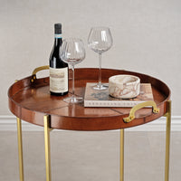 Zodax Harlow Leather with Brass Handles Round Tray on Stand, Tan