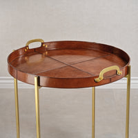 Zodax Harlow Leather with Brass Handles Round Tray on Stand, Tan