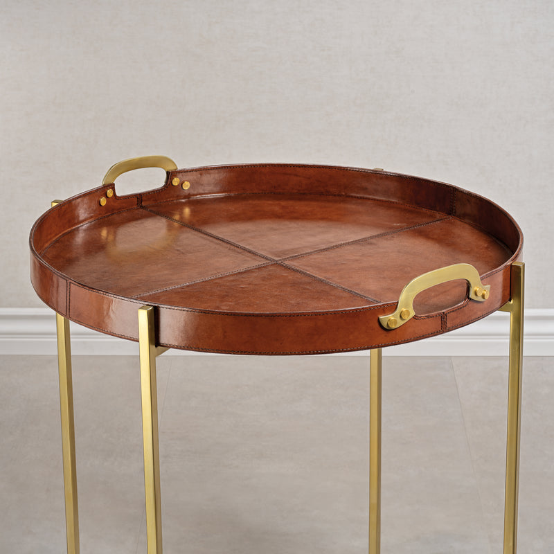 Zodax Harlow Leather with Brass Handles Round Tray on Stand, Tan