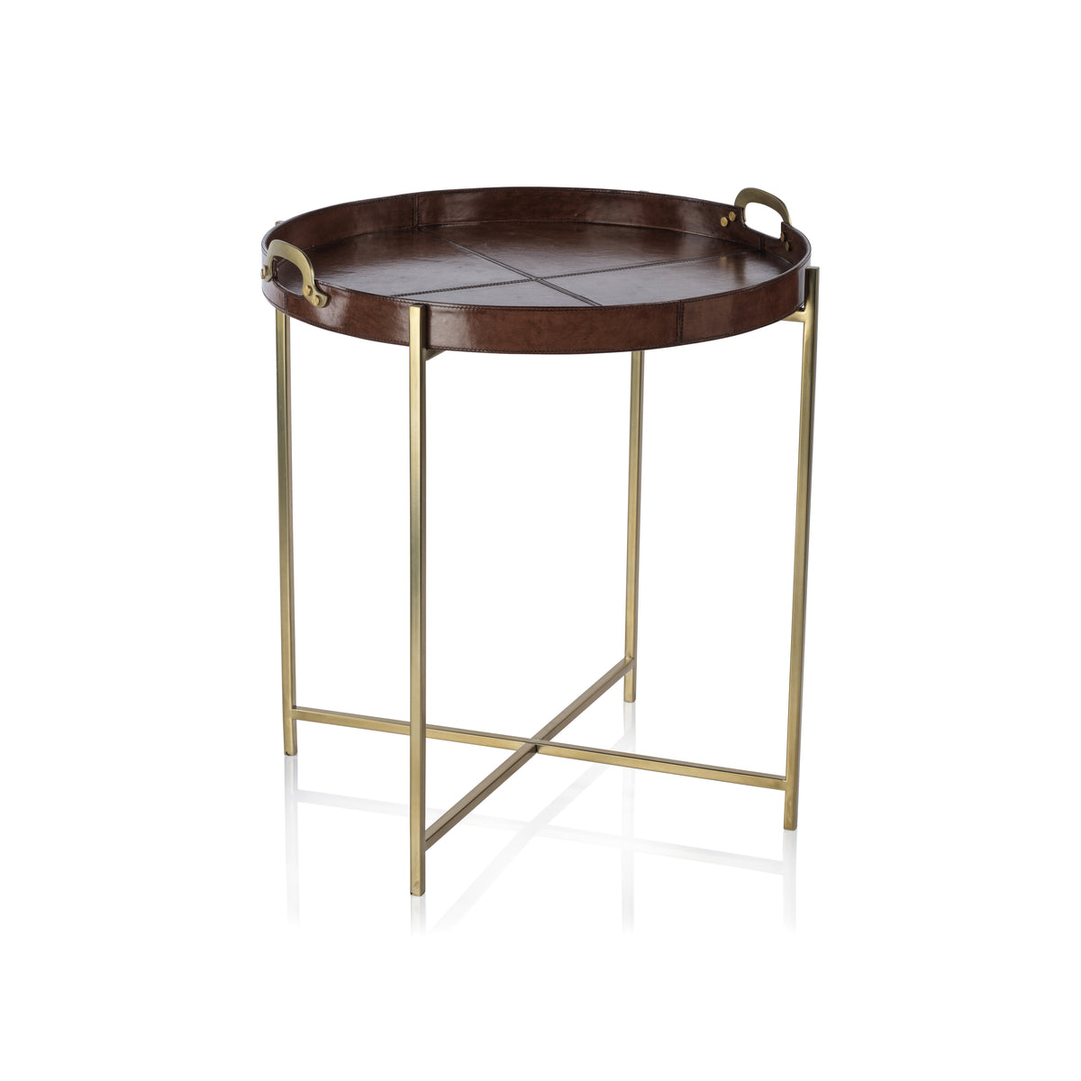 Zodax Harlow Leather with Brass Handles Round Tray on Stand, Tan