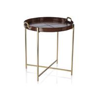 Zodax Harlow Leather with Brass Handles Round Tray on Stand, Tan