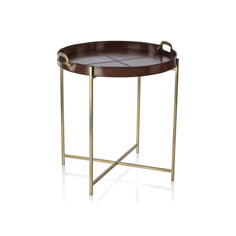 Zodax Harlow Leather with Brass Handles Round Tray on Stand, Tan
