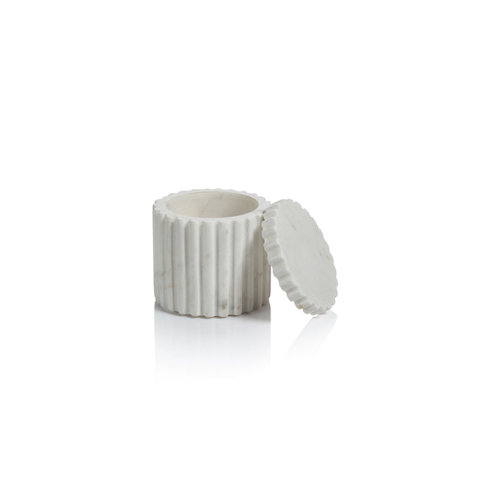 White ceramic container with ribbed texture and matching lid on a white background