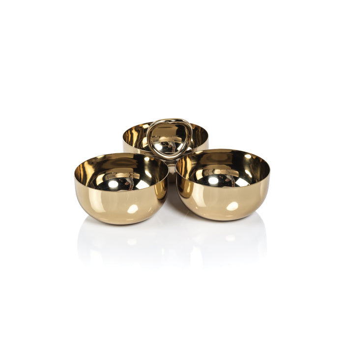 Set of three gold bowls on a white background