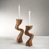 Zodax Fano Acacia Wood Taper Candle Holder w/ Metal Trim, Large