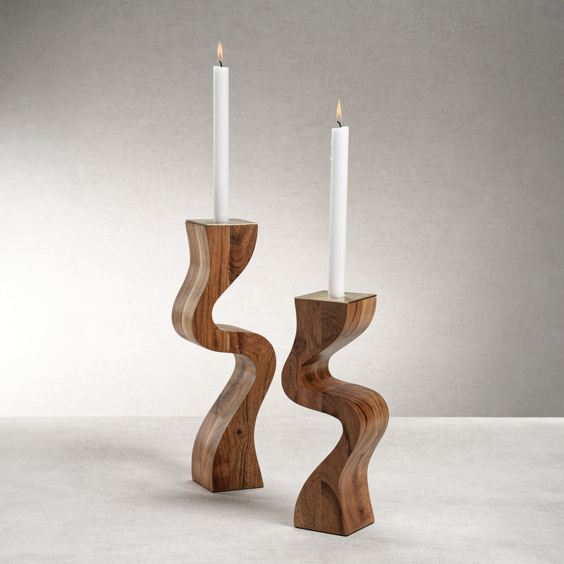 Zodax Fano Acacia Wood Taper Candle Holder w/ Metal Trim, Large