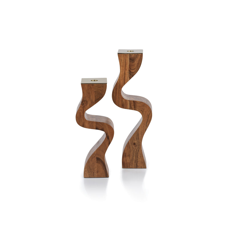 Zodax Fano Acacia Wood Taper Candle Holder w/ Metal Trim, Large