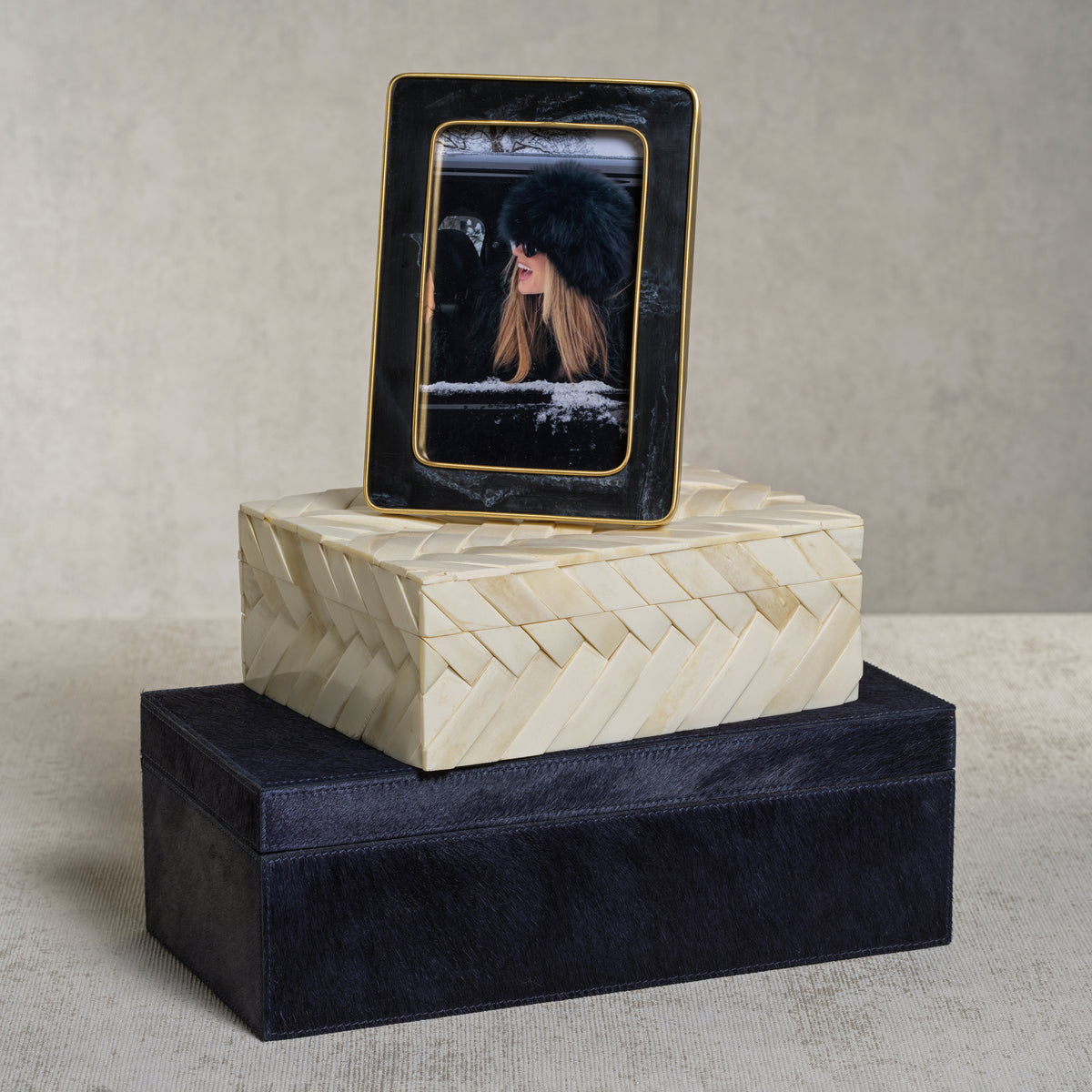 Zodax Rutbeek Navy Hair-On-Hide Leather Decorative Box, Medium, Navy