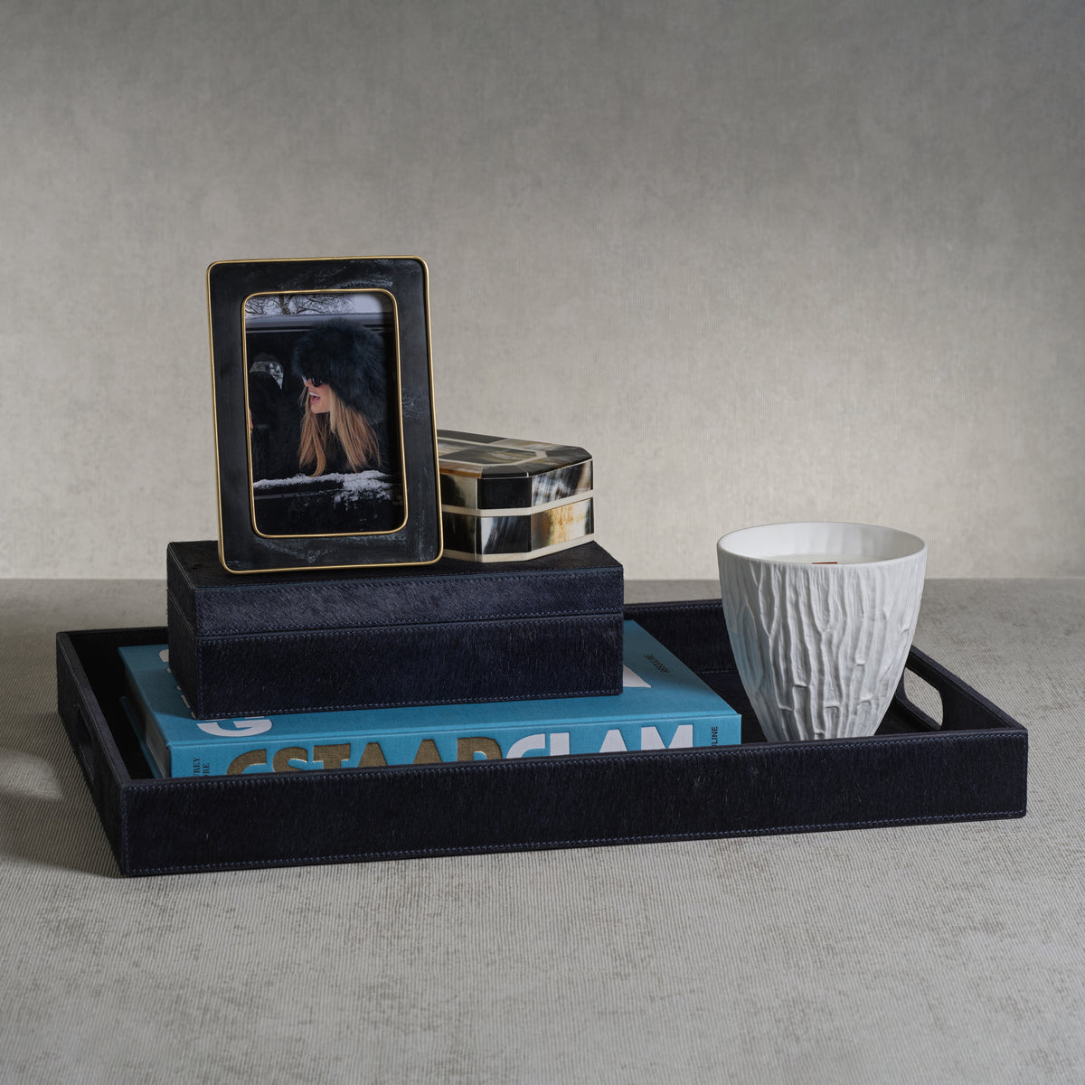 Zodax Rutbeek Navy Hair-On-Hide Leather Serving Tray, Navy