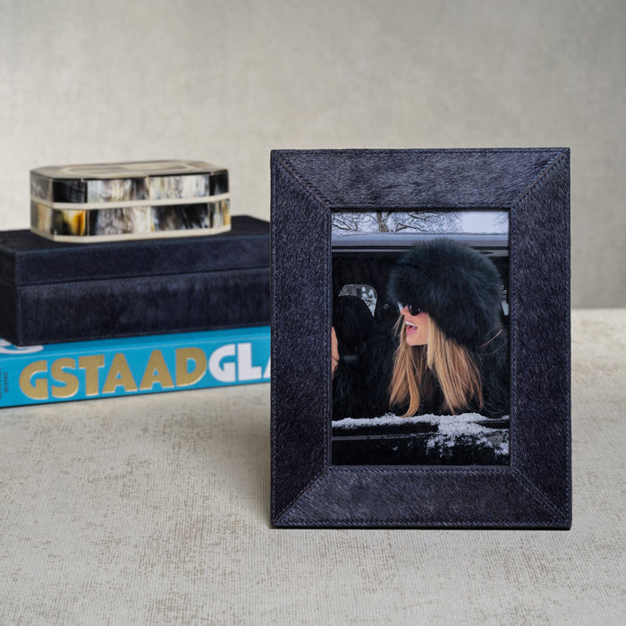 Zodax Rutbeek Navy Hair-On-Hide Leather Photo Frame, 5" x 7", Navy