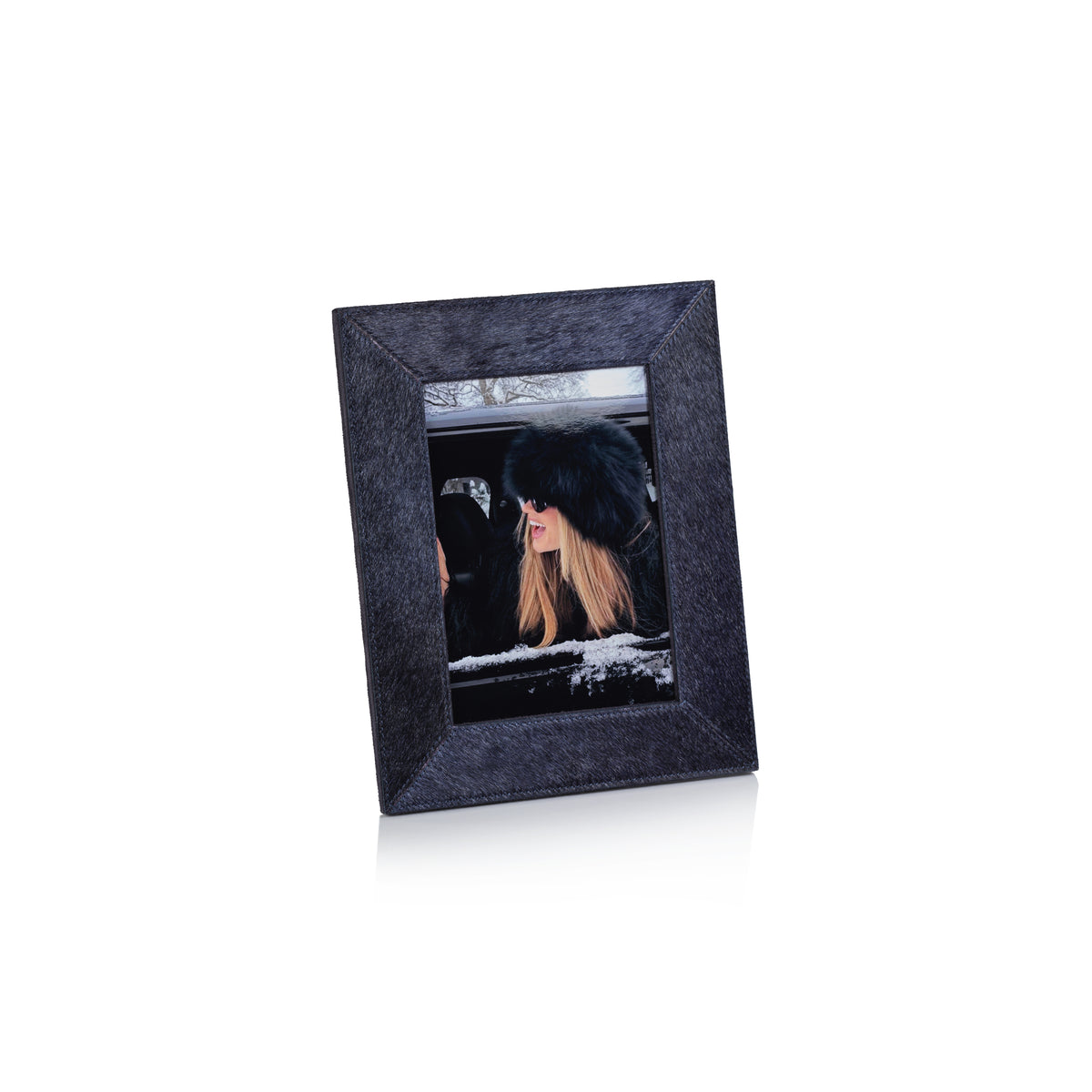 Zodax Rutbeek Navy Hair-On-Hide Leather Photo Frame, 5" x 7", Navy