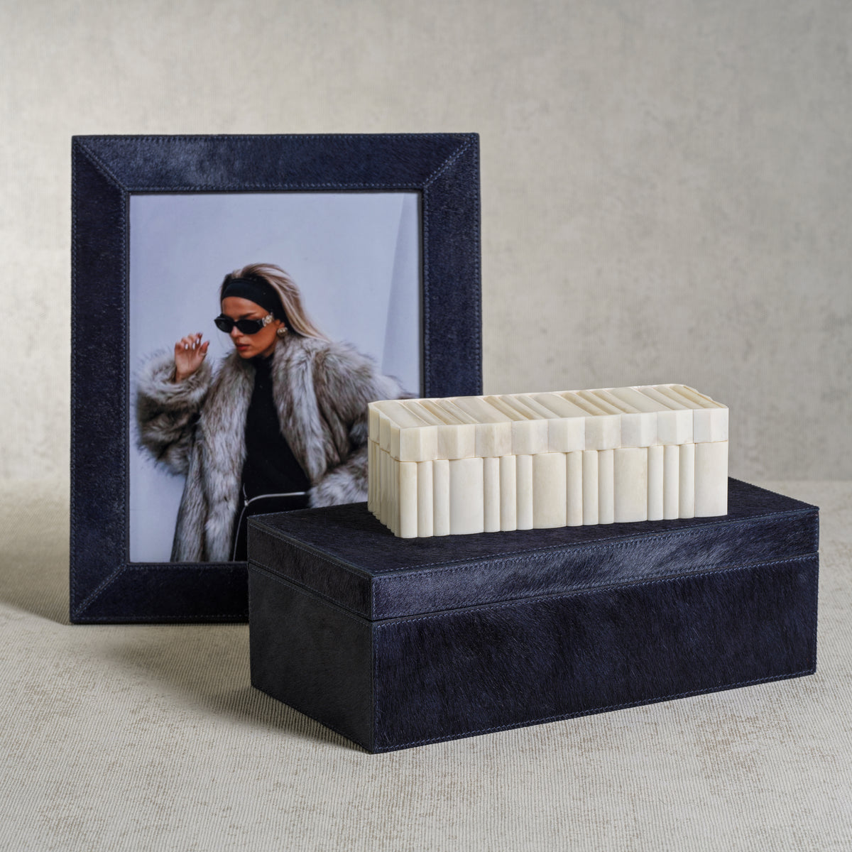 Zodax Rutbeek Navy Hair-On-Hide Leather Photo Frame, 8" x 10", Navy