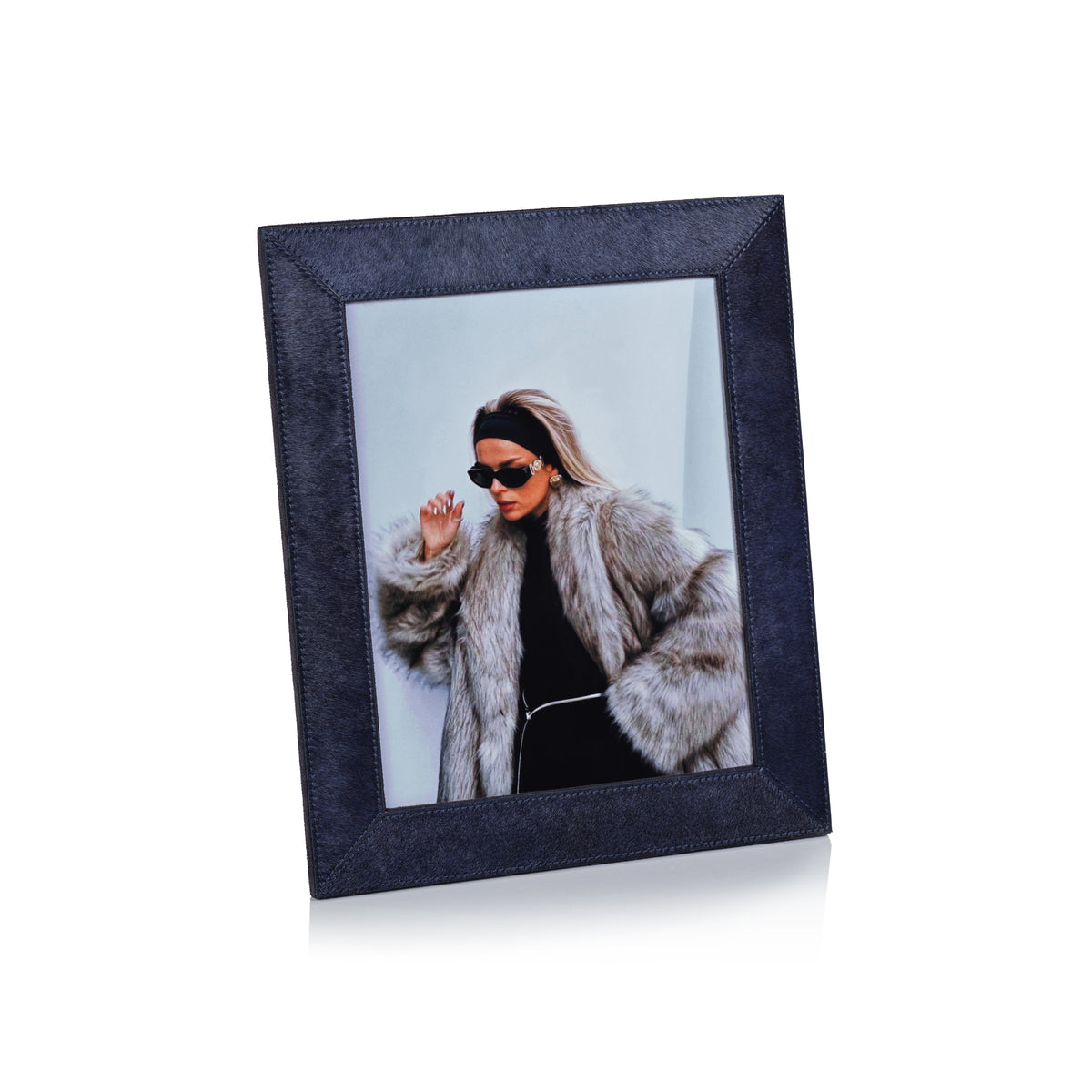 Zodax Rutbeek Navy Hair-On-Hide Leather Photo Frame, 8" x 10", Navy