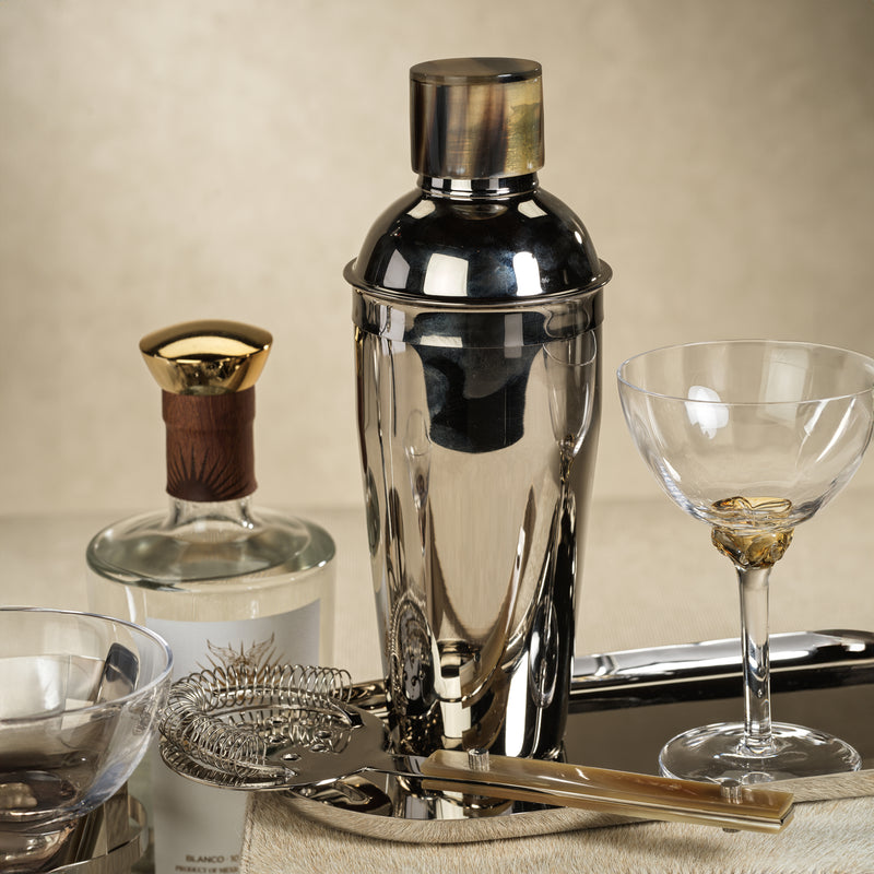 Zodax Brompton Silver Stainless Steel Cocktail Shaker with Horn Cap, Silver with Horn Cap