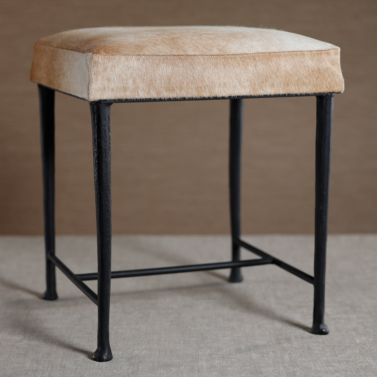 Zodax Corviglia Hair-On-Hide Leather Stool with Forged Iron Base, Tan