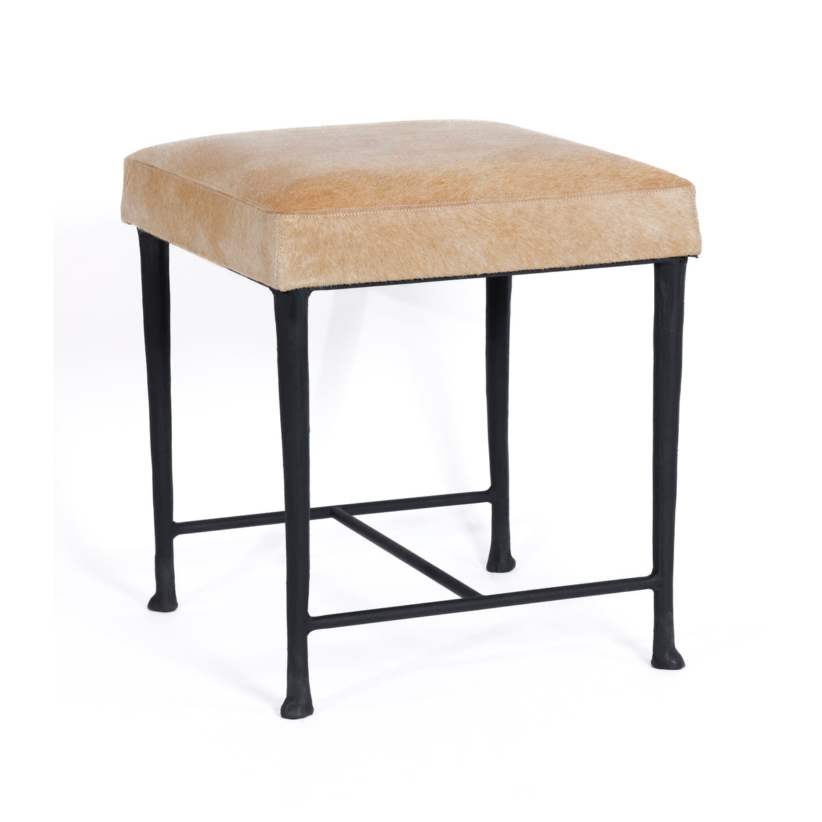 Zodax Corviglia Hair-On-Hide Leather Stool with Forged Iron Base, Tan