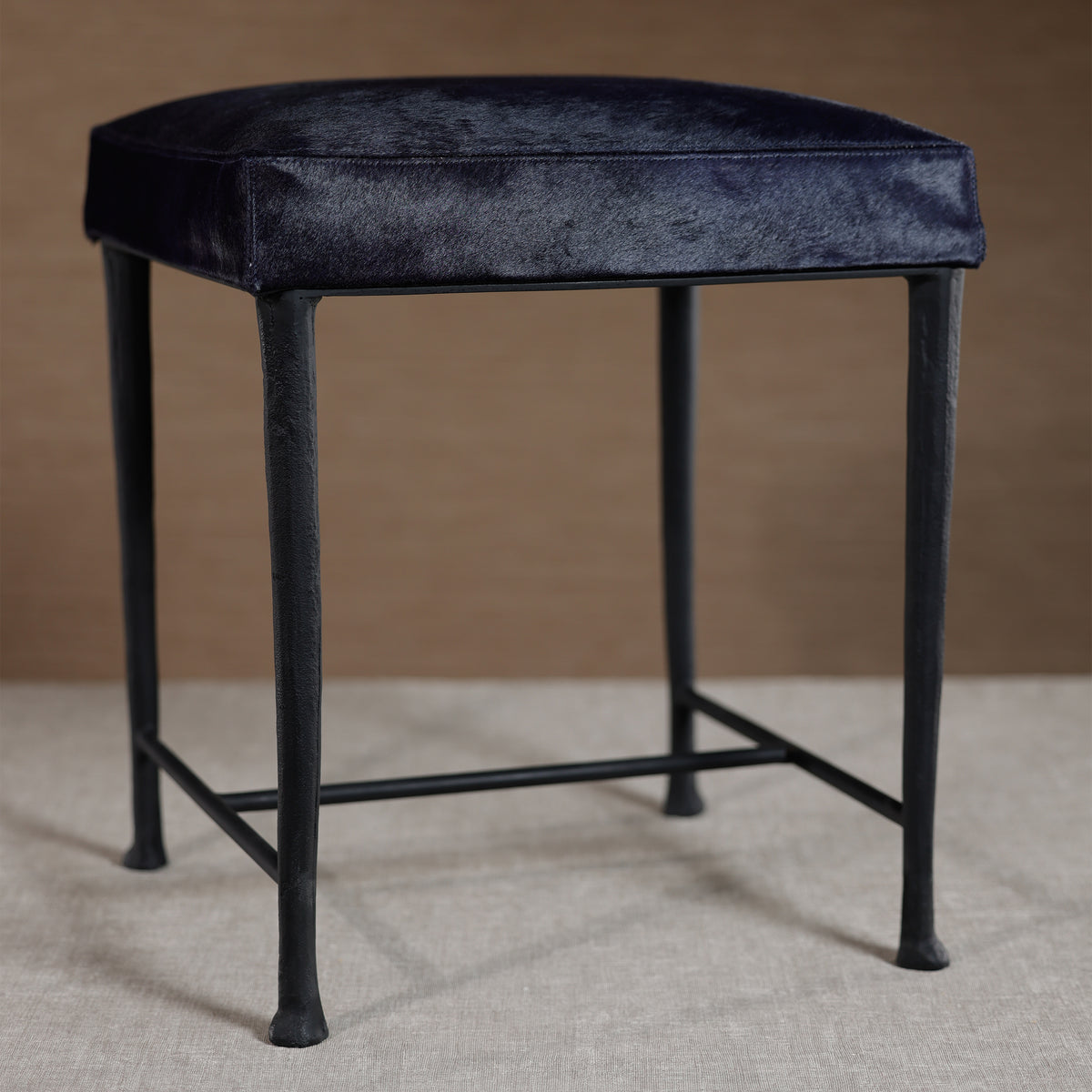 Zodax Corviglia Hair-On-Hide Leather Stool with Forged Iron Base, Navy