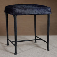 Zodax Corviglia Hair-On-Hide Leather Stool with Forged Iron Base, Navy