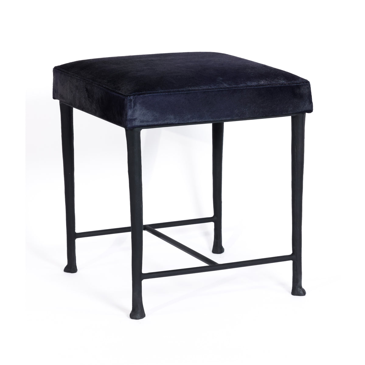 Zodax Corviglia Hair-On-Hide Leather Stool with Forged Iron Base, Navy