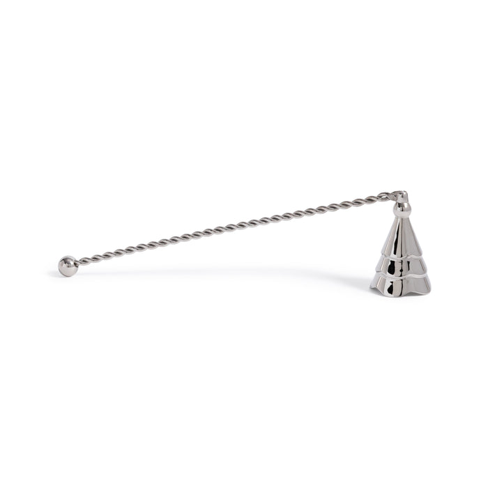 Metallic cone-shaped object with a twisted rod on a white background