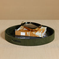 Zodax Round Fluted Green Leather Tray, 18"